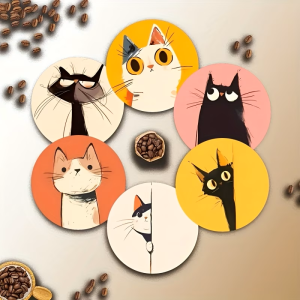 Juego de 6 posavasos de madera con encantador estampado de gatos