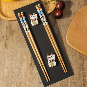 Juego De Palillos De Bambú Y Madera Con Estampado Japonés